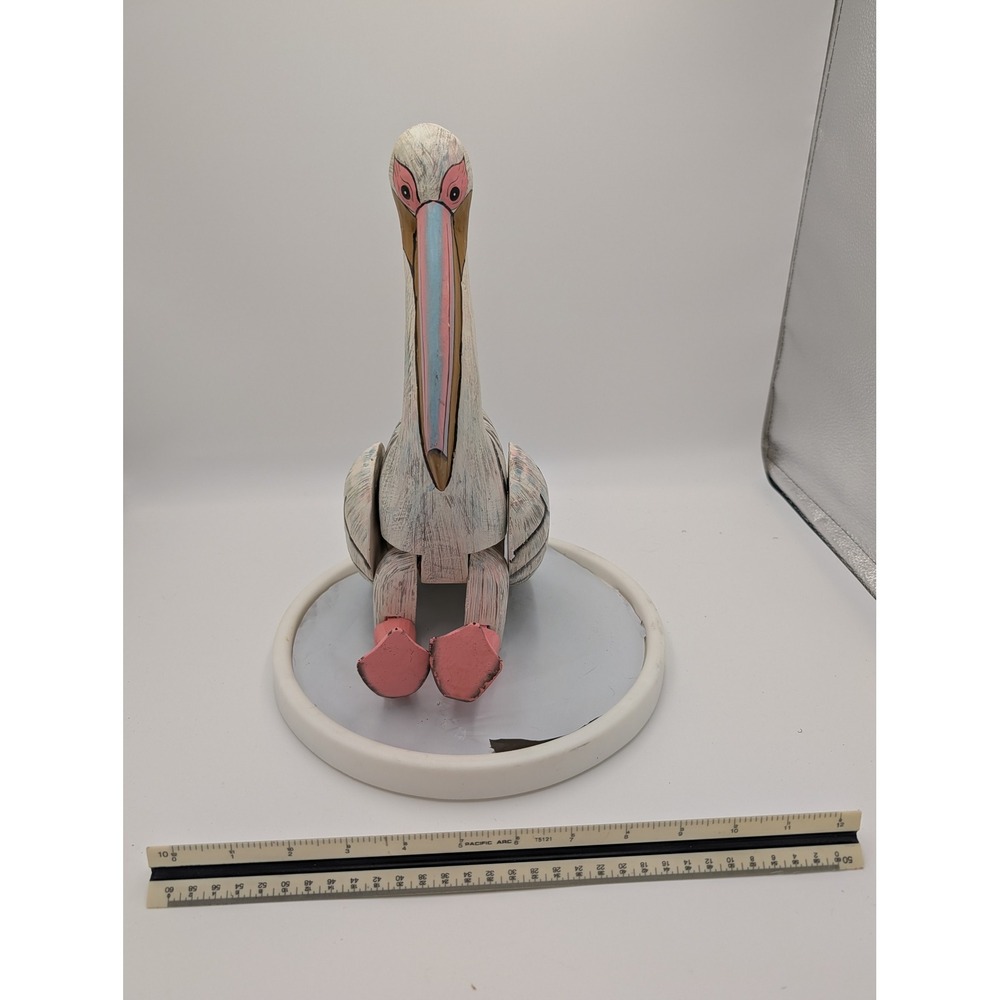 Hand Carved Wooden Pelican Figurine Coastal Folk Art Nautical Decor White‎ Pink